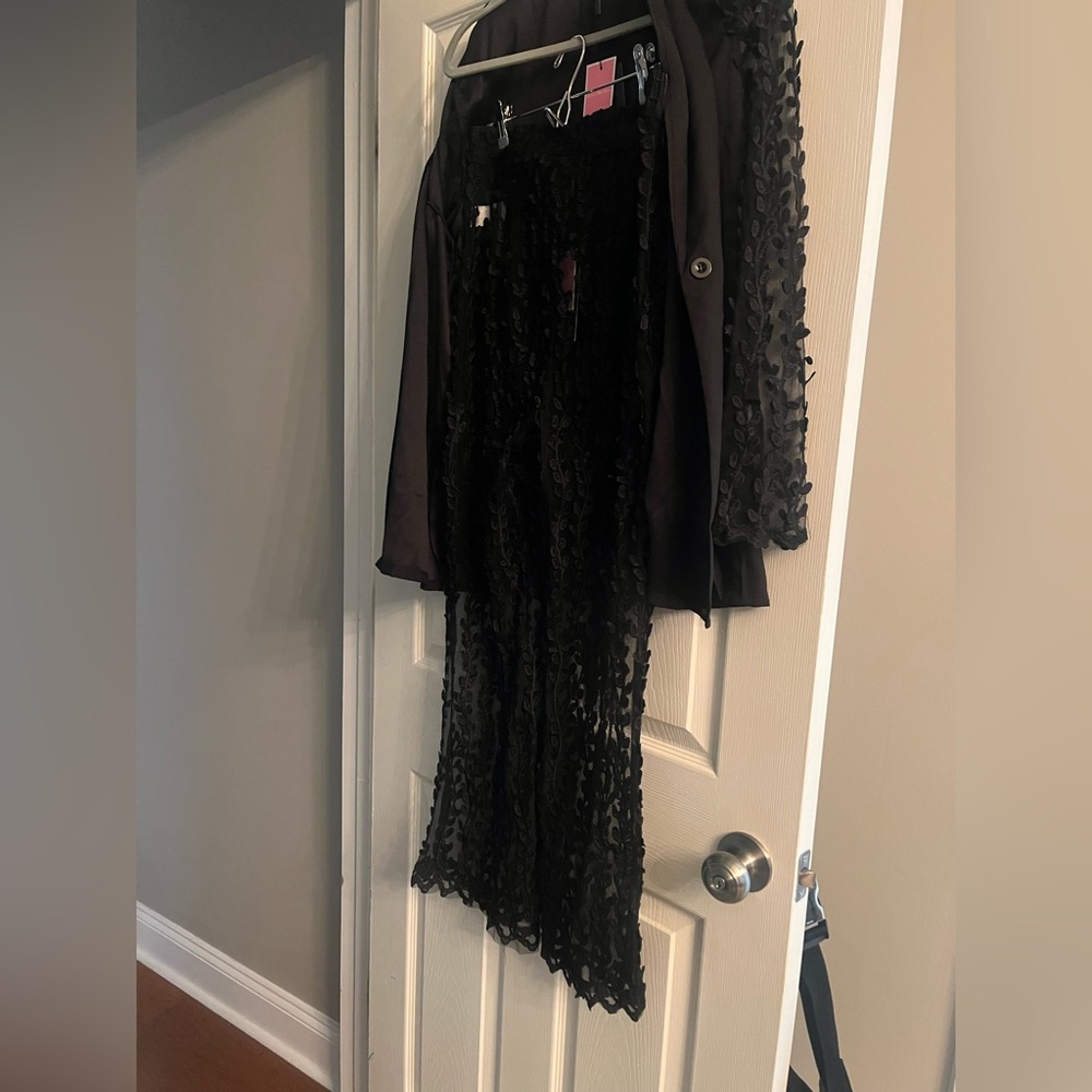 Black sheer pantsuit with lace pants and sleeves. Add own belt to cinch waist